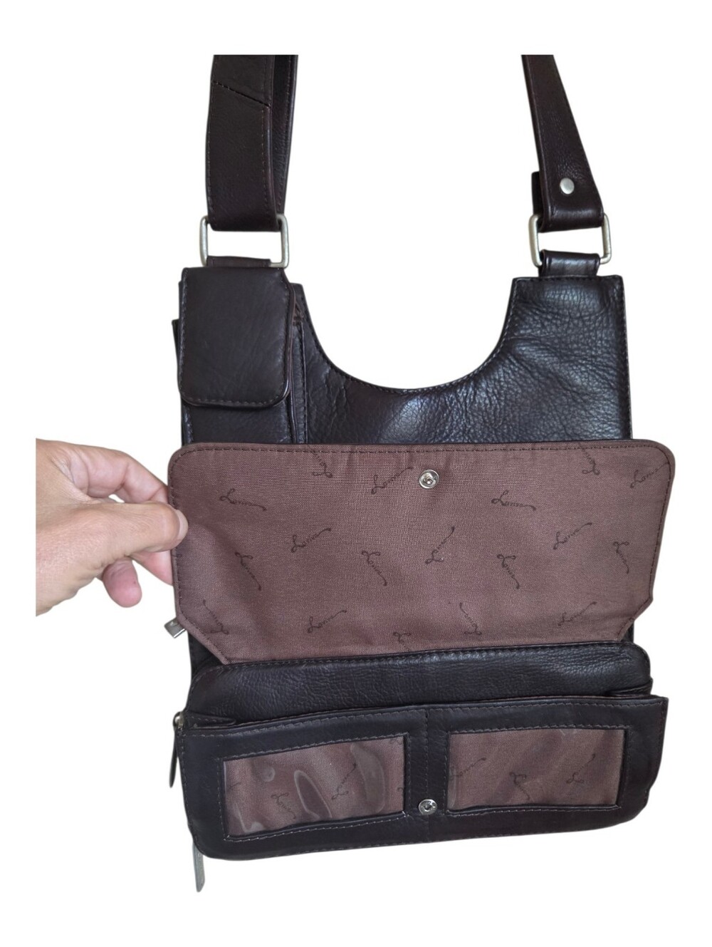 vintage 90s lavive dark brown leather  crossbody bag multi pocket organizer - Picture 3 of 10
